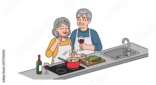 Senior couple cooking together and tasting soup in modern kitchen