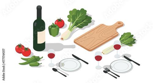 Isometric dining table setup with wine, vegetables, cutting board, and dinnerware