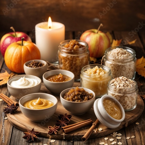 Assorted jars of autumn spreads and toppings on a wooden platter surrounded by seasonal fruits and decor