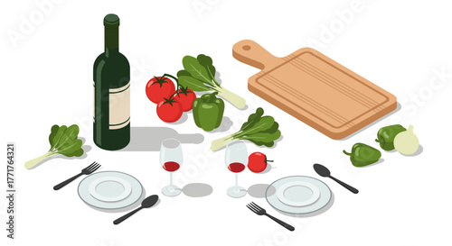 Isometric dining setup with vegetables and wine for culinary inspiration
