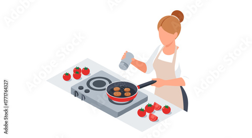 Isometric cooking scene woman preparing food in modern kitchen