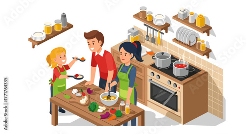 Family cooking together in isometric kitchen scene for home and lifestyle design