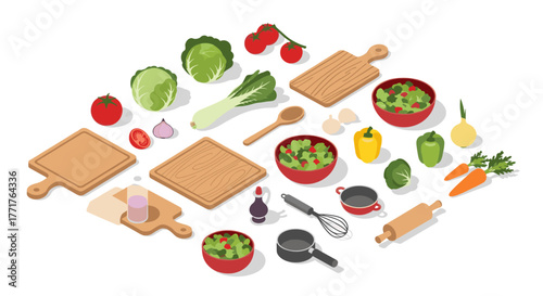 Isometric kitchen elements with vegetables and cooking tools