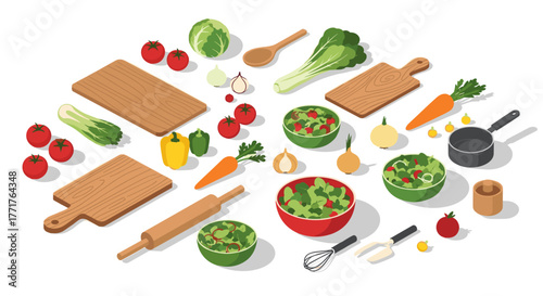 Isometric kitchen cooking scene with fresh vegetables and utensils