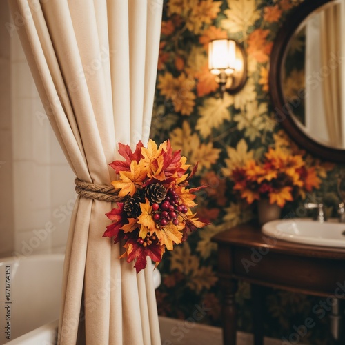 Autumn-themed bathroom decor with falling leaves arrangement on curtain and vintage sink