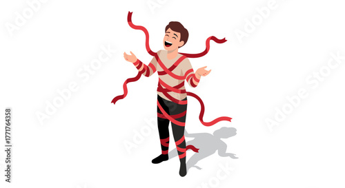 Happy person wrapped in red tape symbolizing bureaucracy challenges