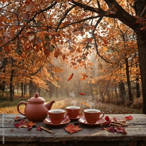 Teapot and cups set on a rustic table surrounded by autumn leaves and a serene forest backdrop