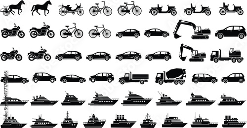 Transportation icon set, horse carriage, bicycle, motorcycle, car, truck, ship, boat, silhouette collection, travel vector, vehicle graphic, mobility design