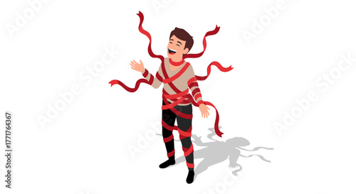 Joyful man wrapped in red ribbons on white background