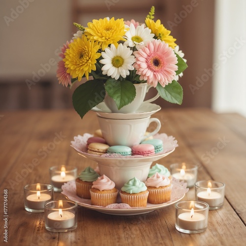 Charming dessert display with cupcakes, macarons, and flower arrangement on a wooden table with candles