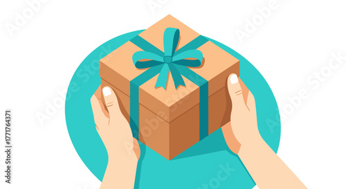 Hands offering a gift box with blue ribbon on teal background
