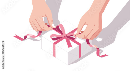 Hands tying red ribbon on gift box in minimalist style