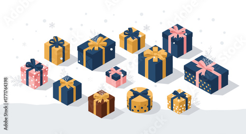 Festive gift box collection with ribbons and bows for holiday celebrations