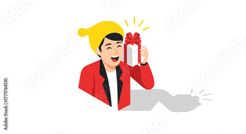 Cheerful person unwrapping gift in festive attire with joyful expression