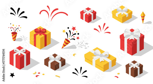 Festive gift boxes and fireworks celebration in isometric style