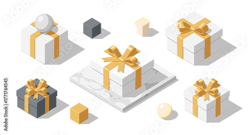 Isometric gift boxes with golden ribbons and decorative objects on white background