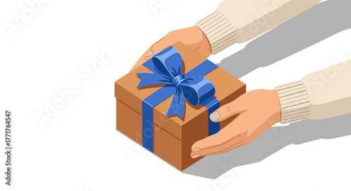 Hands holding gift box with blue ribbon in isometric style