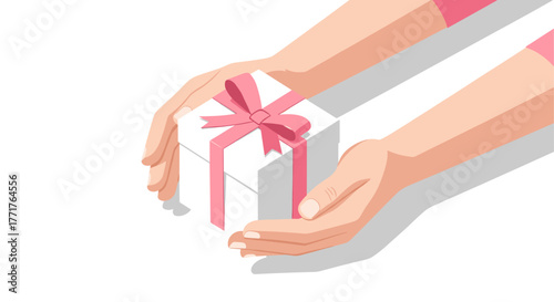 Hands gifting pink ribbon gift box in isometric style