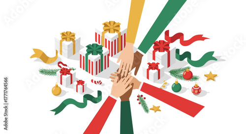 Festive collaboration hands joining over holiday gifts and decorations in flat design