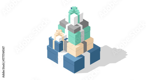 Colorful isometric gift boxes stacked in pyramid shape with shadows