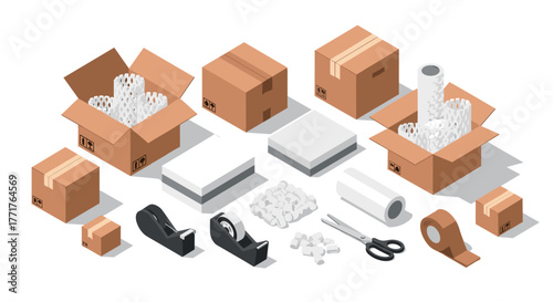 Isometric packaging supplies boxes, tape, scissors, bubble wrap, and packing paper
