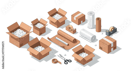 Isometric packaging supplies set with cardboard boxes, bubble wrap, and tape rolls
