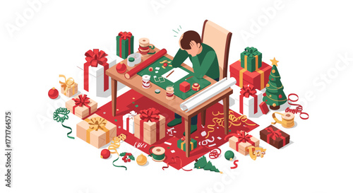Holiday stress relief preparing for christmas with festive decor in isometric art