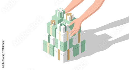 Arranging gift boxes in a pyramid with hands in soft pastel