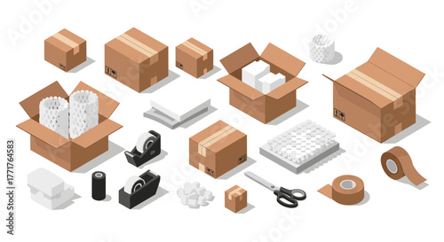 Isometric cardboard boxes and packaging supplies collection for shipping