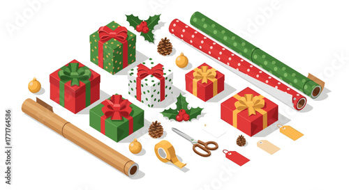 Festive gift wrapping essentials isometric christmas presents and supplies
