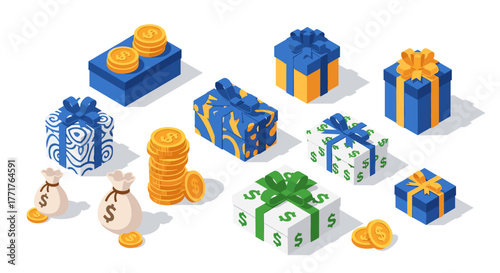 Festive isometric gift boxes with coins and money bags in various patterns and colors