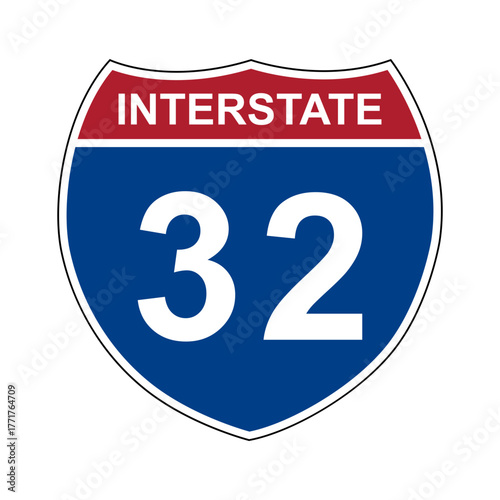 Interstate 32. Interstate highway sign. Road number. Signpost indicating route numbers in the U.S. Interstate Highway System. Even numbers run west to east. Odd numbers run north to south.