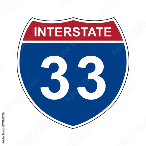 Interstate 33. Interstate highway sign. Road number. Signpost indicating route numbers in the U.S. Interstate Highway System. Even numbers run west to east. Odd numbers run north to south.