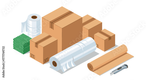 Isometric cardboard boxes and packing materials set on white background