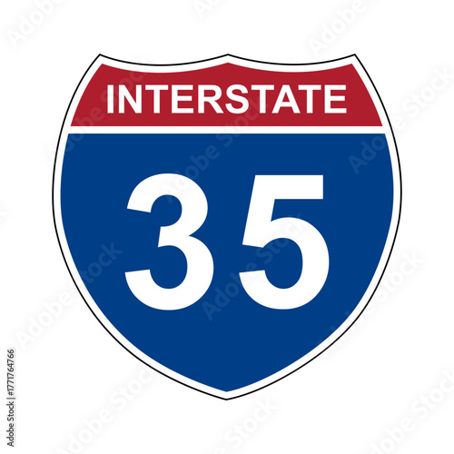 Interstate 35. Interstate highway sign. Road number. Signpost indicating route numbers in the U.S. Interstate Highway System. Even numbers run west to east. Odd numbers run north to south.