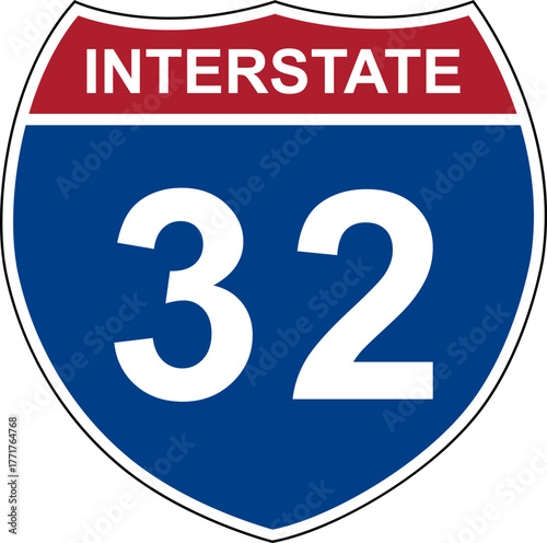 Interstate 32. Interstate highway sign. Road number. Signpost indicating route numbers in the U.S. Interstate Highway System. Even numbers run west to east. Odd numbers run north to south.