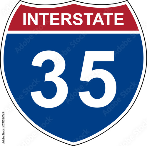Interstate 35. Interstate highway sign. Road number. Signpost indicating route numbers in the U.S. Interstate Highway System. Even numbers run west to east. Odd numbers run north to south.