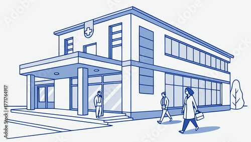 Modern medical clinic facade with people walking, symbolizing healthcare access and community well-being