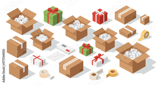 Isometric open and closed boxes with wrapping and tape on white background