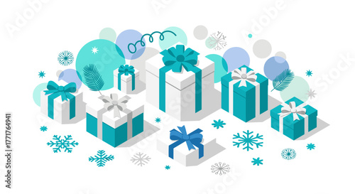 Festive gift boxes with bows and snowflakes in isometric blue and white design