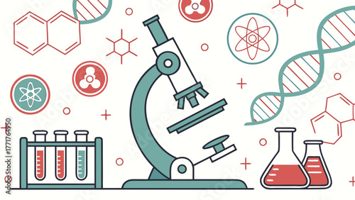 Vibrant scientific icons including microscope DNA helix and molecular structures sparking innovation and discovery for educational or research themes