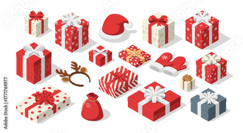 Festive christmas gift boxes and accessories in red and white isometric design