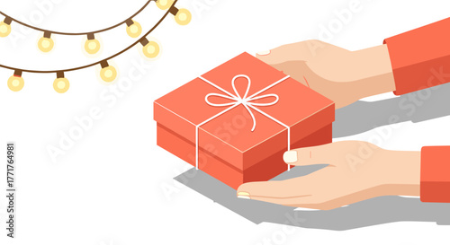 Hands holding gift box with string lights on white background