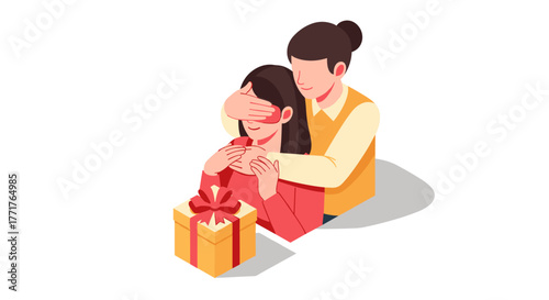 Surprise gift woman unveiling present with joyful anticipation