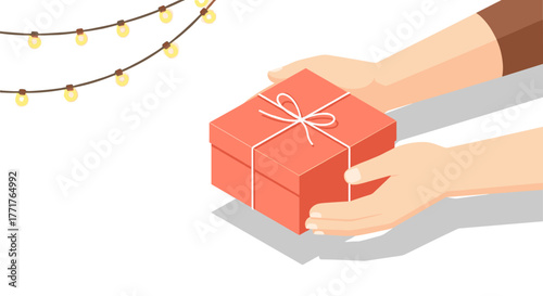 Hands presenting gift box with string lights in minimalist isometric design