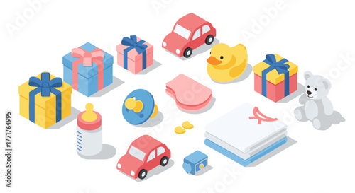 Isometric baby toys and essentials with cars, gifts, and teddy bear