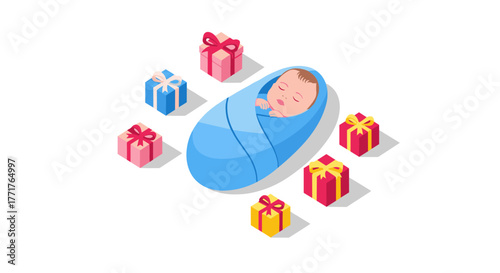 Baby wrapped in blue blanket surrounded by colorful gift boxes in isometric style