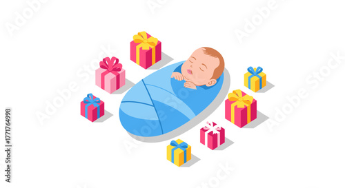 Isometric newborn baby wrapped in blanket surrounded by colorful gifts