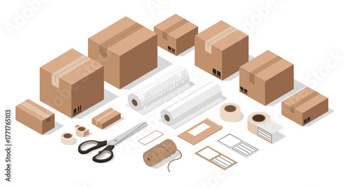 Isometric packing supplies and cardboard boxes arrangement for shipping