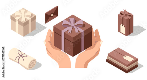 Hands holding gift box with decorative ribbon and assorted wrapped presents